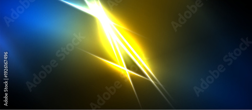 Abstract energy burst. Bright yellow light intersects blue darkness. Dynamic lines suggest speed, power, intensity. Vivid colors create dramatic effect.