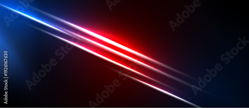 Abstract lines, vibrant red, blue hues dominate dark background. Diagonal streaks create dynamic visual effect. Minimalist design.