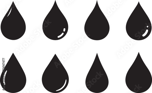 Nine black raindrops with varying levels of transparency and water droplets isolated on transparent background, Vector