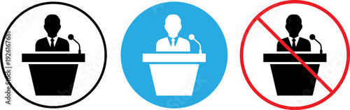 Businessman speaking at podium in various colors and symbols