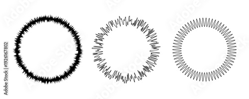 Set of circular audio waveform icons with varying frequency intensity and jagged edge lines. High-frequency signal representation kit.
