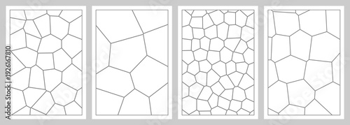 Set of four unique voronoi diagrams. Clean black outlines on white rectangular panels. Modern minimal graphic design for posters and decorative architectural art.