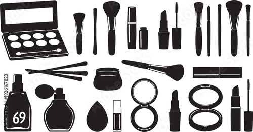 A comprehensive collection of makeup tools and products for beauty enthusiasts isolated on transparent background, Vector