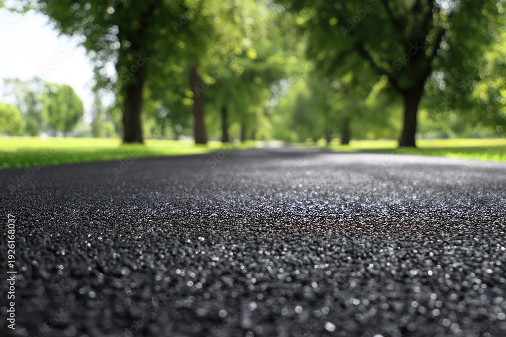 Fototapeta premium Asphalt Road Through a Lush Green Park on a Sunny Day.