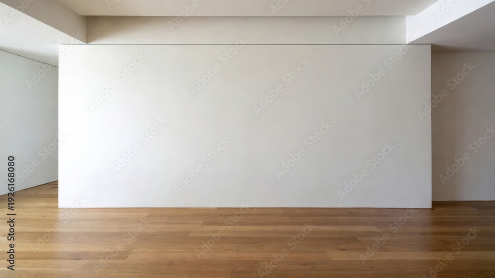 Fototapeta premium Large white wall with no decoration. The room is empty and has a minimalist feel. The white wall and wooden floors create a clean and simple atmosphere