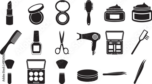 Assorted beauty and grooming tools and accessories in black and white isolated on transparent background, Vector