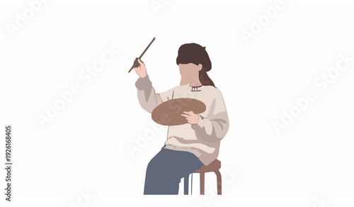 Creative Artist Girl Sitting with Palette and Paintbrush Vector Illustration