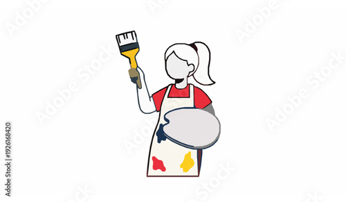 Happy Female Painter Holding Palette and Brush Minimal Flat Vector on White Background