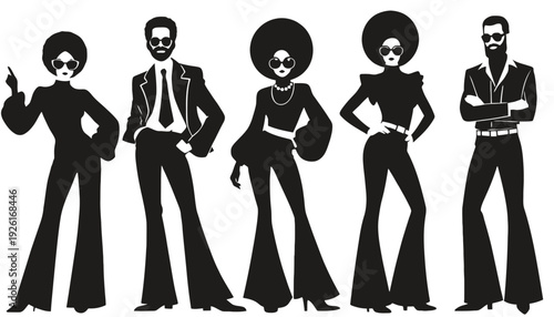 Disco people vector silhouettes in funky 1970s fashion style illustration