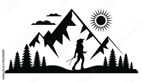 Mountain hiker silhouette illustration with trekking poles and sunny landscape