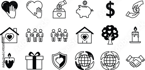 Charity and finance icon collection. Includes heart, donation, money, house, people, gift, shield, globe, handshake icons. Created in line style with black and white color palette.