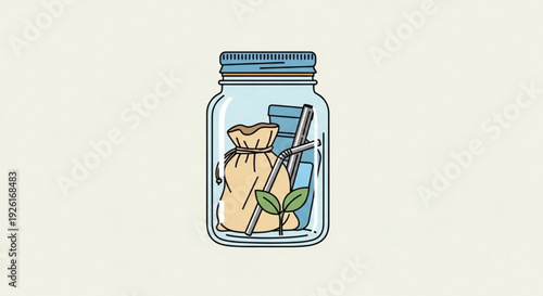 Glass jar with reusable bag straw and plant for eco friendly living and sustainable waste management