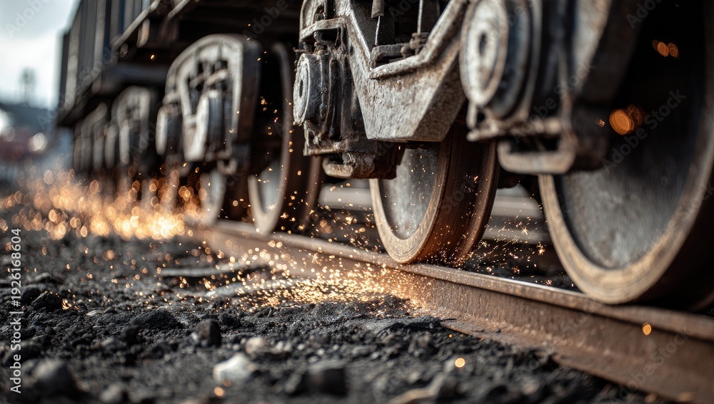 Fototapeta premium Close-up of a freight trains wheels grinding on the tracks, creating sparks.