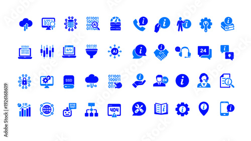 Flat style blue business and financial services icon collection including banking, investment, strategy, analytics, and management symbols.