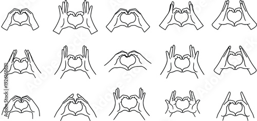 Heart hand gesture icon set. Includes 14 heart hands, love symbols. Created in line style with black and white color palette.