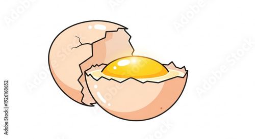 Cracked egg with yellow yolk on white background broken shell food concept nutrition breakfast idea