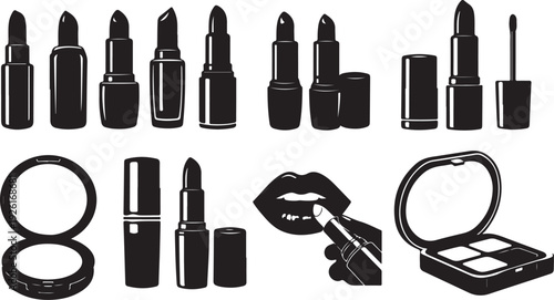 Assorted makeup items including lipsticks, compacts, and makeup brushes isolated on transparent background, Vector