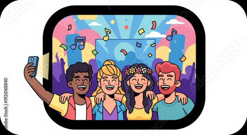 Diverse group of friends taking selfie with cityscape and music notes in background at night