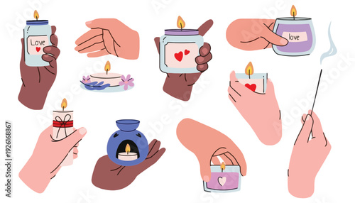 Candle vector illustration of hands holding romantic heart shaped candles