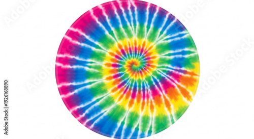Vibrant tie dye circle pattern with rainbow colors and spiral design on a white background symbolizing creativity and playfulness
