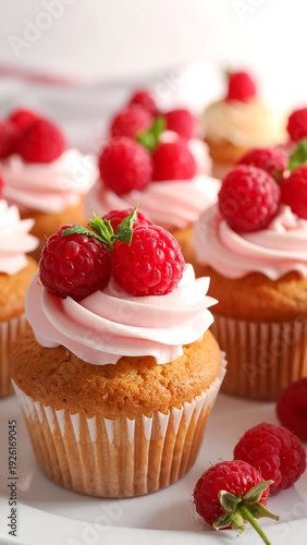 Close-up shot of several cupcakes adorned with pink frosting and fresh raspberries, set on a white plate