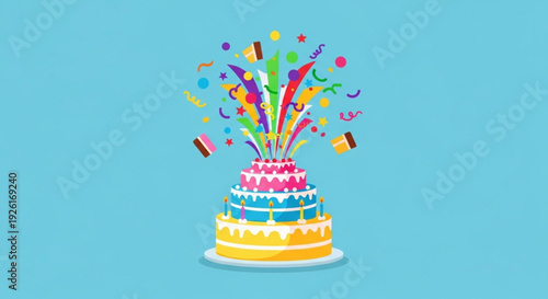 Vibrant multi tiered birthday cake with colorful confetti and streamers on a light blue background festive celebration dessert