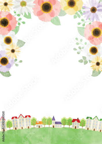 ポピーと街並みイラスト、春、かわいい、縦、水彩