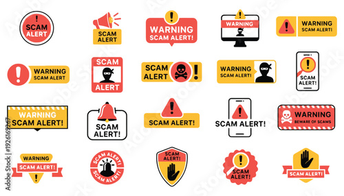 Scam alert vector icons and warning signs for online security