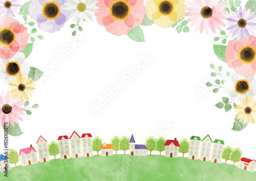 ポピーと街並みイラスト、春、かわいい、横、水彩