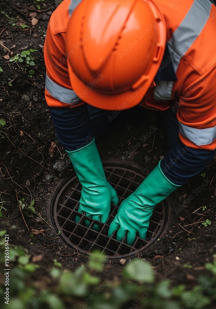 Fototapeta premium Worker in orange safety gear inspecting drain orange safety vest