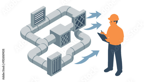 A worker in orange uniform inspecting a ventilation system diagram