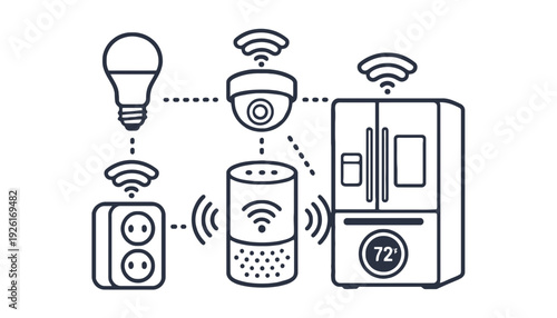 Smart home devices with WiFi connectivity and icons illustration