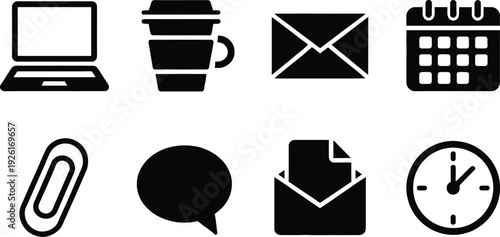 Office Icons: A collection of modern icons including a laptop, a coffee cup, an envelope, a calendar, a paperclip, a speech bubble, an open envelope, and a clock.