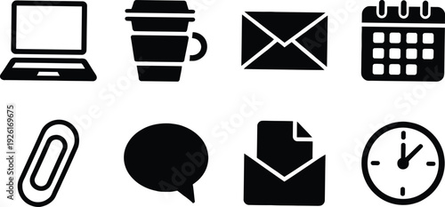 Digital Icons: A collection of sleek, minimalist icons, including a laptop, a coffee mug, an envelope, a calendar, a paper clip, a speech bubble, and a clock.