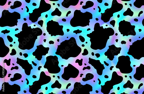 Abstract cow rainbow pattern background. Vector animal skin print, cute black dalmatian spots on blue holographic background. Natural stylized spotted foil texture for decor, wrap, cover, wallpaper.