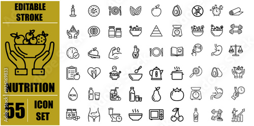 Collection of 55 nutrition and food related line icons in black and white