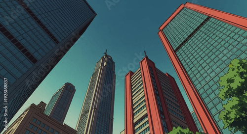 A dramatic low angle view of tall modern skyscrapers reaching toward sky clean perspective minimal vector illustration flat design uncluttered composition