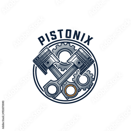 Detailed engine pistons and gear badge for industrial manufacturing and heavy equipment production logo Pistonix