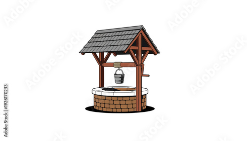 A well constructed wooden structure with a bucket hanging from a rope