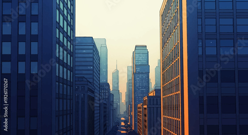 A powerful sunlight shining on tall modern skyscrapers glass reflections clean city perspective minimal vector illustration flat design uncluttered composition