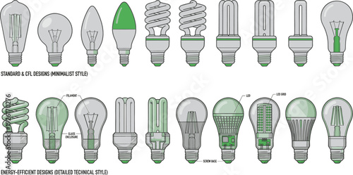 Collection of Standard and Energy Efficient Light Bulb Vector Designs Featuring LED, CFL and Incandescent Technical Illustrations