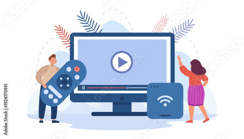 Smart TV vector illustration with people and wireless streaming device
