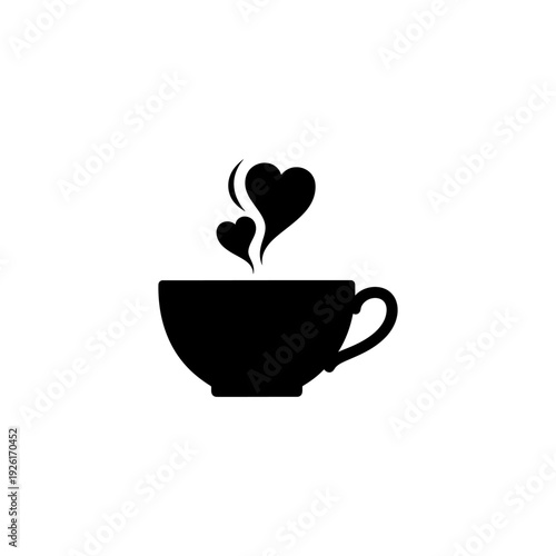 flat black silhouette icon of teacup with heart-shaped steam, minimal detail
