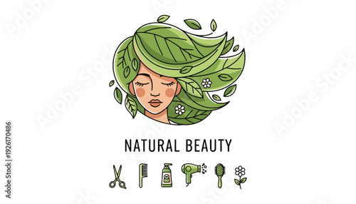 Natural beauty illustration with green leaves and hair care tools