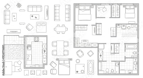 Architectural blueprint showcasing detailed floor plans and interior layouts for residential spaces.