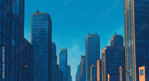 Urban Planning And City Development Cartoon Style Illustration Of Tall Buildings In A Modern Cityscape With Blue Sky And Architectural Design