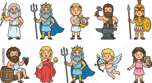 Cute Greek Mythology Gods and Goddesses Cartoon Vector Set Featuring Zeus Poseidon Apollo Ares Athena Cupid and Dionysus Characters