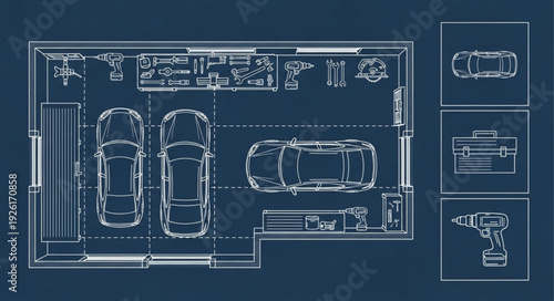 Detailed blueprint of a garage showcasing cars, tools, and storage solutions.