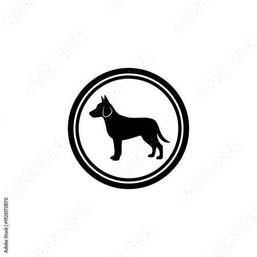 flat silhouette icon of dog inside circular badge symbol