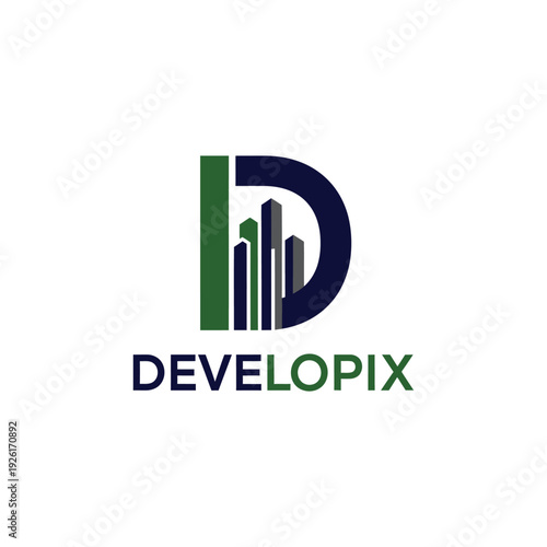 Modern letter D monogram logo with skyscraper skyline for luxury real estate developer and property firm DEVELOPIX